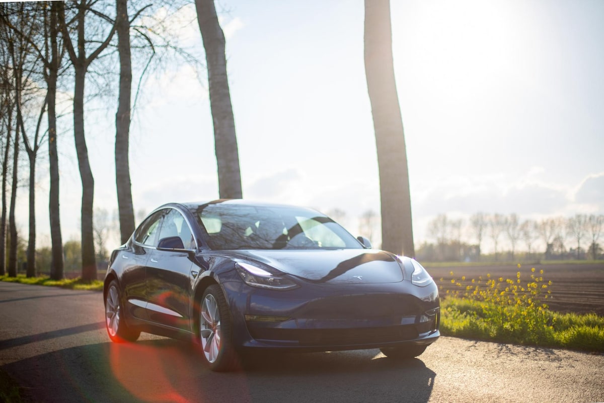 Zwarte tesla rijdend op weg met bomen.jpg